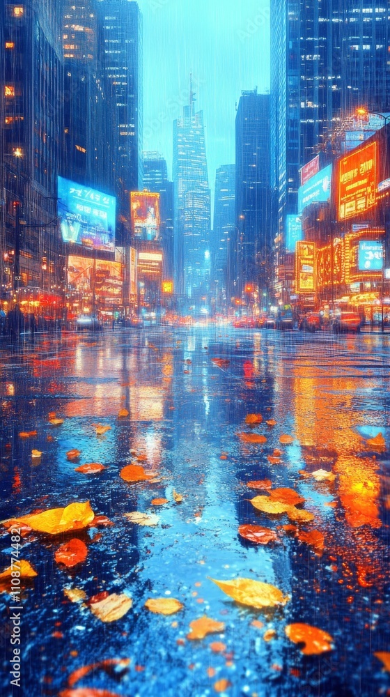 Obraz premium A vibrant cityscape at night featuring shimmering rain-soaked streets and golden autumn leaves scattered on the ground.