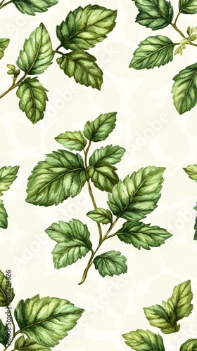 An elegant botanical pattern featuring vibrant green leaves on a soft light background, perfect for decor. photo