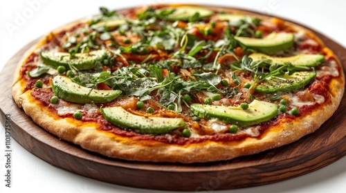 Vegan pizza with avocado slices, arugula