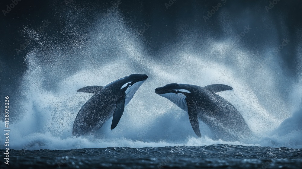 Obraz premium Two whales are breaching as waves crash around them, creating a dramatic scene in the evening light. The turbulent ocean adds a sense of movement and power to the moment.