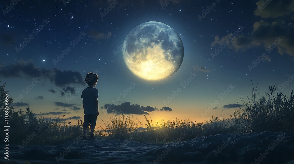 Fototapeta premium Moonlit wonder boy gazing stars serene peaceful tranquil night Illustration