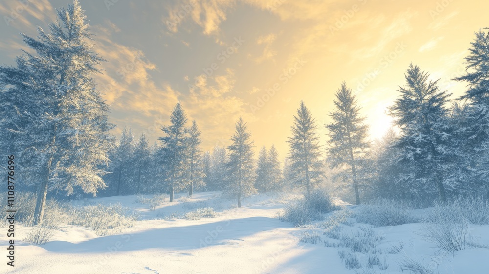 Fototapeta premium A Tranquil Winter Scene with Soft Light Illuminating the Snow, forest