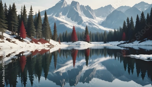 Un sereno lago de montaña rodeado de picos nevados, con un reflejo perfecto del paisaje en la tranquila y cristalina superficie del agua photo