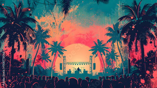 Tropical Sunset Concert  Silhouette Crowd at Outdoor Music Festival