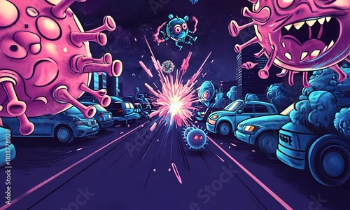 An Epic Battle Between Cartoonish Viruses and Surreal Cars in a Nighttime Setting photo