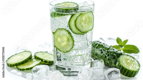 A tall glass of cucumber-infused water with ice cubes, isolated on white background photo