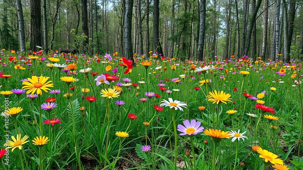 Fototapeta premium colorful wildflowers in a forest clearing, flowering plants, leafy greens