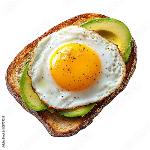 Avocado toast with fried egg isolated on white & transparent a background. photo