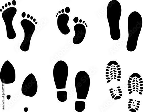 Collection human footprints vector. Boot sole, bare feet, baby footprint, high heel.