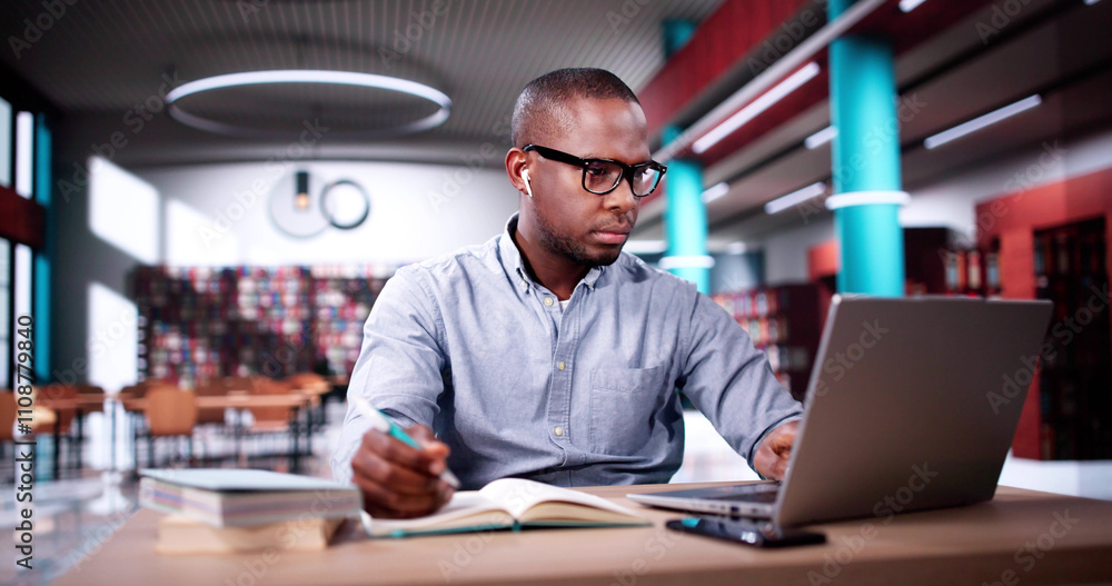 Fototapeta premium Male Student Studying With Computer Doing Research