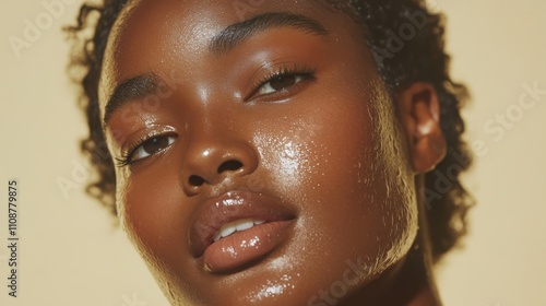 Close up Beauty portrait of african american woman with clean healthy dark skin on neutral background. Smiling dreamy beautiful afro haitstyle girl. Curly black hair. photo