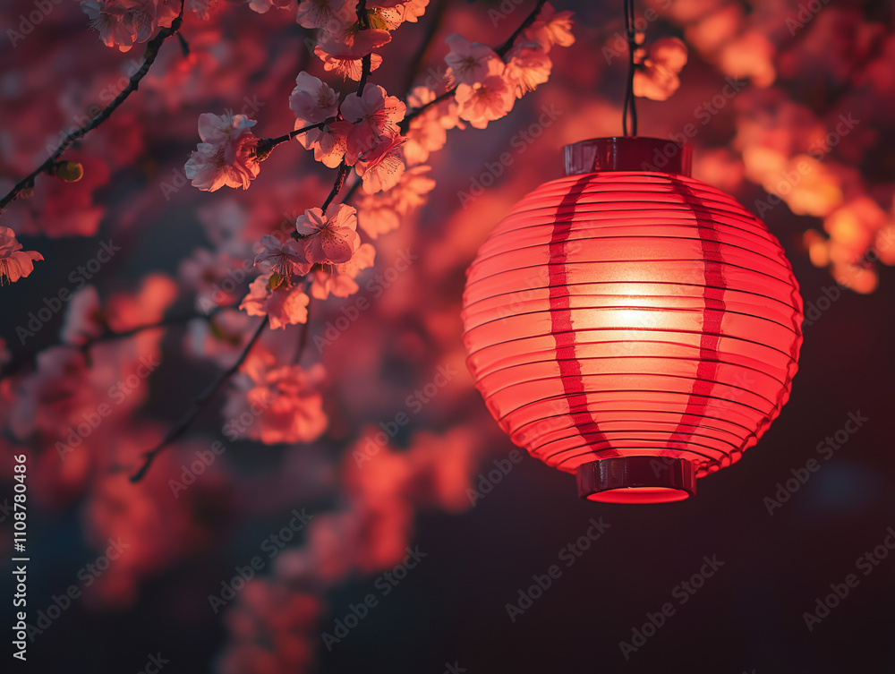 Obraz premium A close-up of a glowing red lantern hanging from a branch of blooming plum flowers against a dark, bokeh-filled background, creating a serene and festive feel.