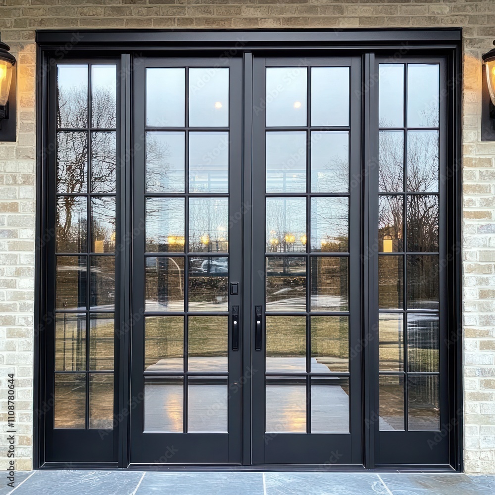 Fototapeta premium French-style double doors with black metal frames, clear glass, symmetrical design