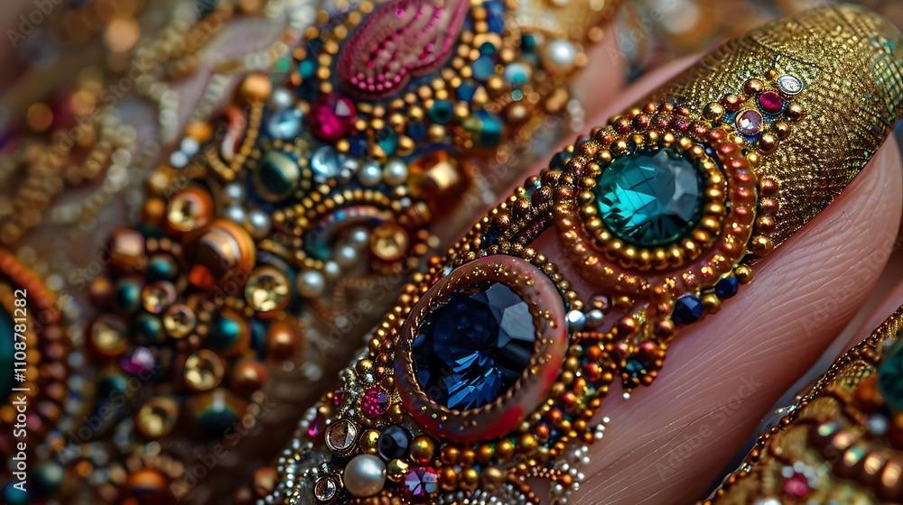 Close-up of intricately decorated fingers adorned with colorful jewels and gold accents. Close-up of intricately decorated fingers adorned with colorful jewels and gold accents.
