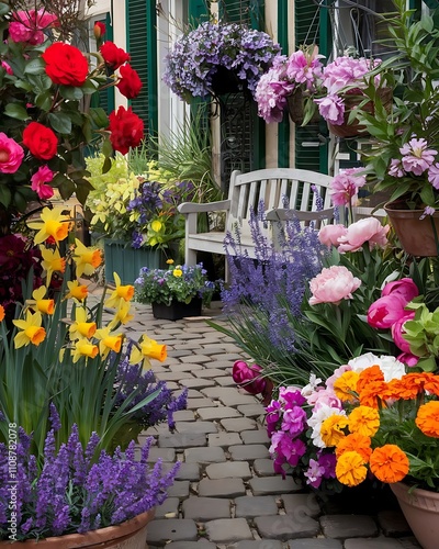 Wallpaper Mural Vibrant Garden Path with Colorful Flowers and Quaint Bench Torontodigital.ca