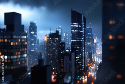 A city skyline at night with many tall buildings
