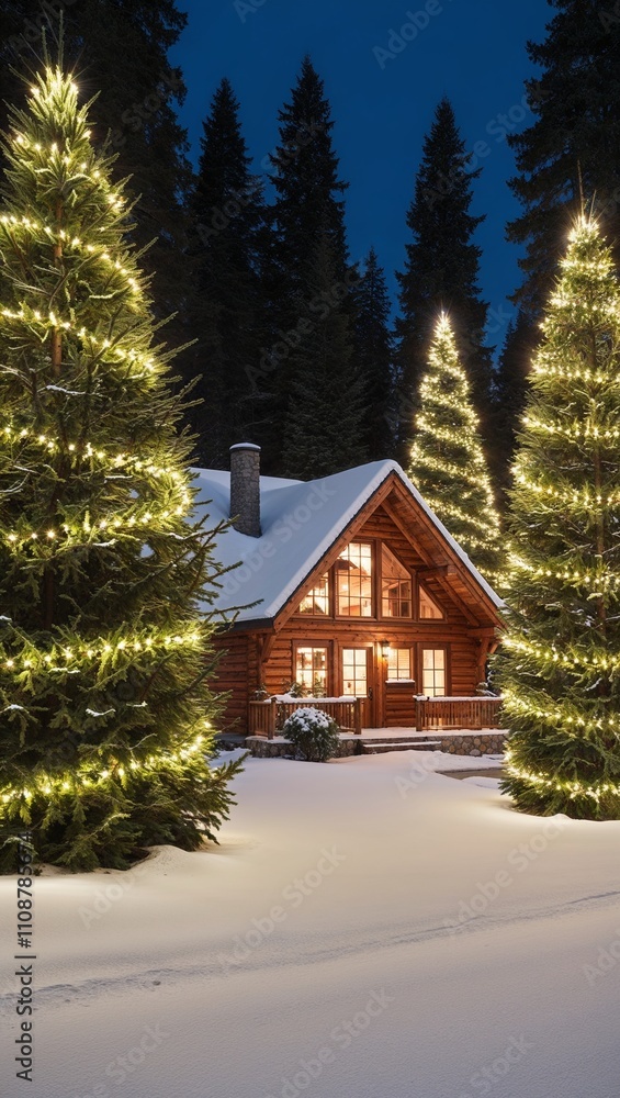 snowy cabin surrounded by pine trees lit with Christmas lights snowy cabin surrounded by pine trees lit with Christmas lights
