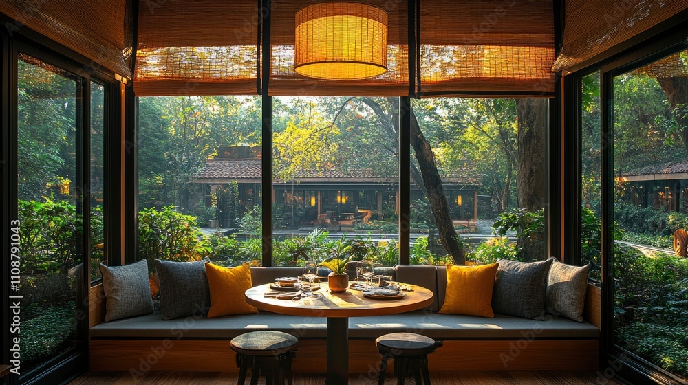 Fototapeta premium Breakfast nook featuring banquette seating, round table, pendant light, and window treatments