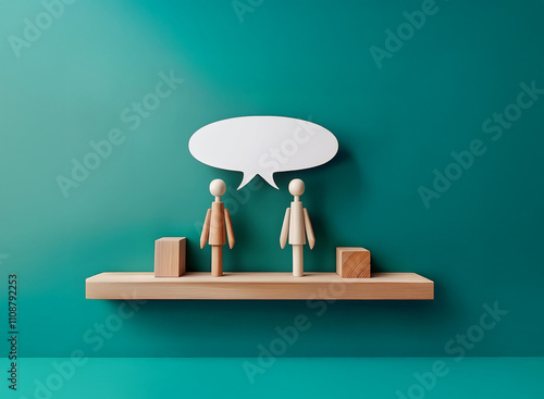 Two wooden figures stand on a shelf, facing each other, with a blank speech bubble above them, symbolizing communication or dialogue.  The minimalist scene is set against a teal background. photo