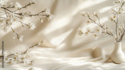 Clean  aesthetic Spring Horizontal banner with sakura flowers. Beautiful nature season background with a branch of blooming cherry. Copy space for text, selective focus