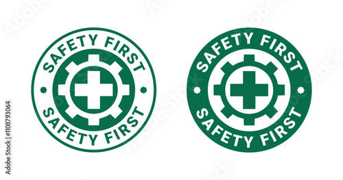 Safety first vector logo. Workplace safety signs badge for construction companies, mining and manufacturing industries