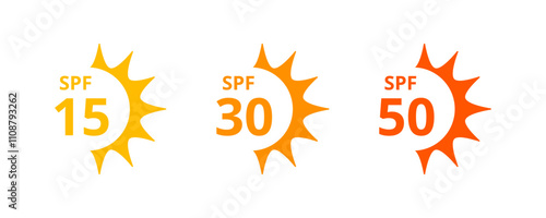 Sun protection icon set. UV index SPF 50 SPF 30 15 vector illustration