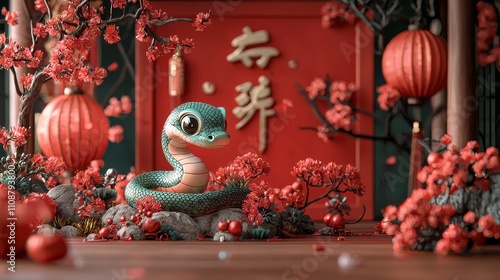 Wallpaper Mural Adorable cartoon snake surrounded by cherry blossoms and lanterns Torontodigital.ca