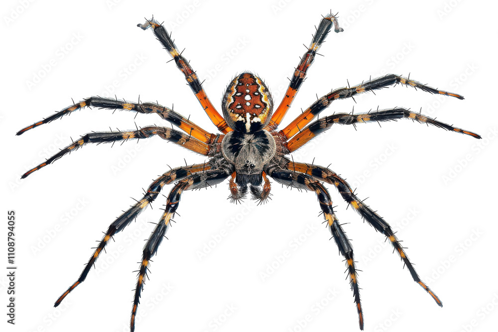 Obraz premium Detailed view of a brightly colored spider with unique markings on a white background