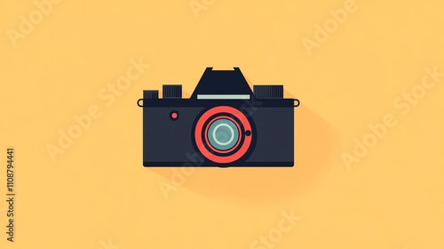 A simple, flat-style illustration of a vintage camera on a yellow background.