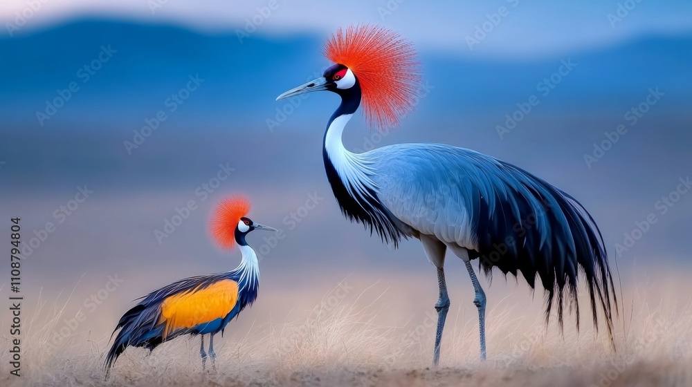 Fototapeta premium Elegant crowned cranes in a serene landscape showcasing their vibrant plumage during golden hour