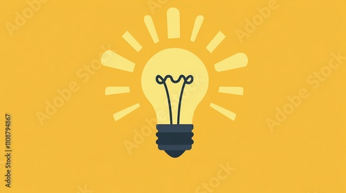 Bright yellow light bulb with rays on a yellow background, representing a new idea.