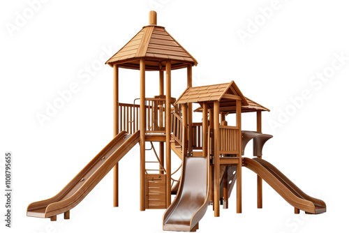 Wooden playground structure with slides and climbing features designed for children's outdoor play in residential areas