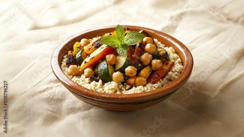 High-Angle View of Moroccan Couscous with Roasted Vegetables