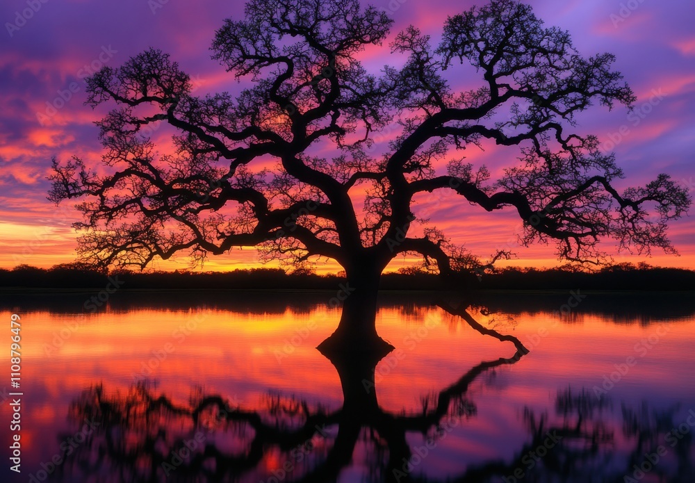 Majestic Sunset Over Tranquil Lake with Silhouette of Oak Tree Against Vibrant Sky Displaying Rich Hues of Orange, Purple, and Blue Reflected in Calm Waters