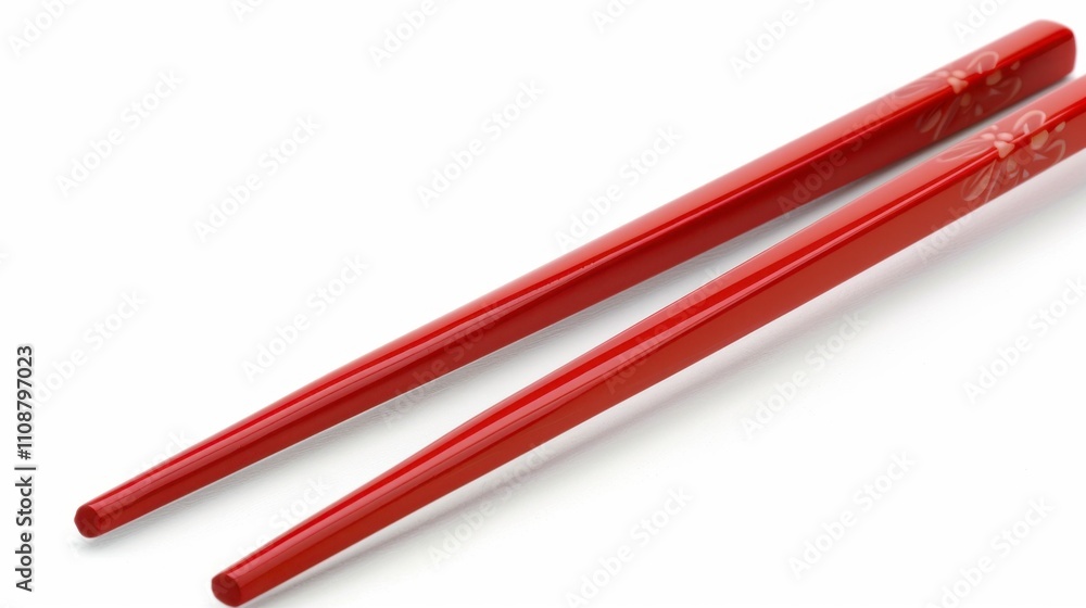 Pair of traditional Chinese chopsticks in red, isolate on white background, representing family meals during New Year, Pair of traditional Chinese chopsticks in red, isolate on white background, representing family meals during New Year,