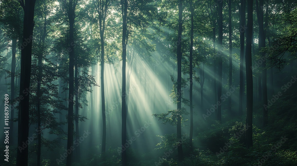 Sunbeams shining through trees in a foggy forest. Sunbeams shining through trees in a foggy forest.
