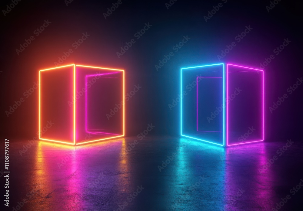 Neon Lit Cubes in Dark Space with Vibrant Glow, Perfect for Abstract Backgrounds and Modern Artistic Visuals, Showcasing Illuminating Colors and Geometric Shapes Neon Lit Cubes in Dark Space with Vibrant Glow, Perfect for Abstract Backgrounds and Modern Artistic Visuals, Showcasing Illuminating Colors and Geometric Shapes