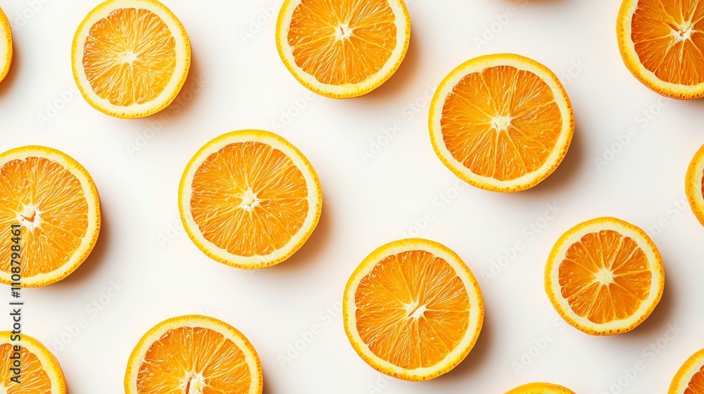 Fototapeta premium A flat lay of orange slices arranged in a pattern on a white background.