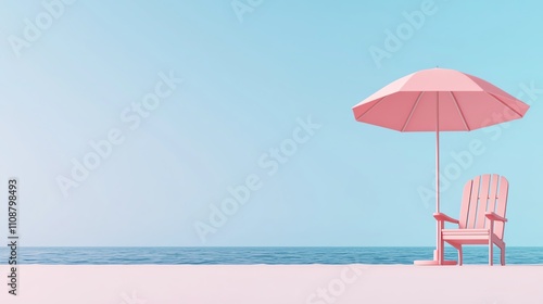 A serene beach scene featuring a pink umbrella and an Adirondack chair, set against a tranquil blue sky and calm ocean.