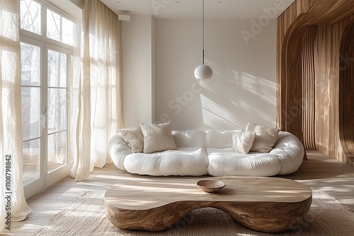 Minimalist, a living room photograph of a combination of Scandinavian and jhapandi interiors that adorned parts of the wall with woodblocks and had a sofa. Generative AI
 photo