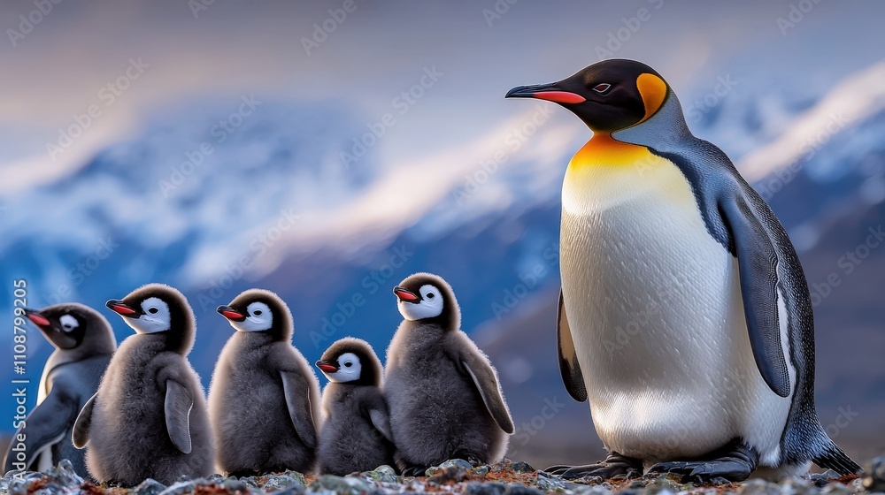 Fototapeta premium King Penguin Family with Chicks in Snowy Mountain Landscape