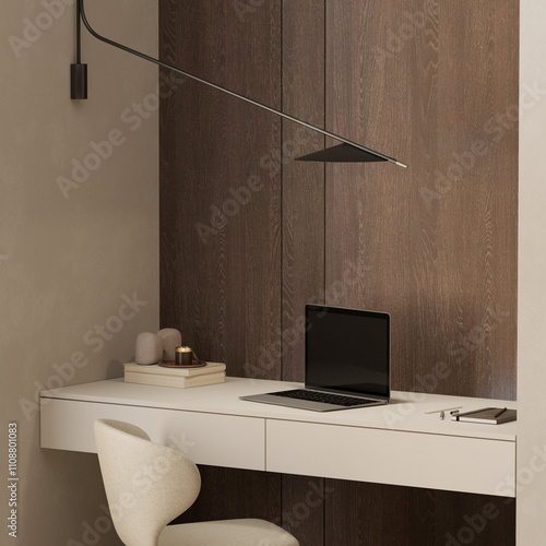 Fototapeta Naklejka Na Ścianę i Meble -  Modern home office close up design with desk , chair and laptop , wooden panels , 3d rendering