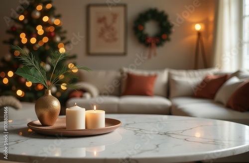 New Year's interior of the living room, a large dining table in the living room against the background of a Christmas tree with New Year's lights