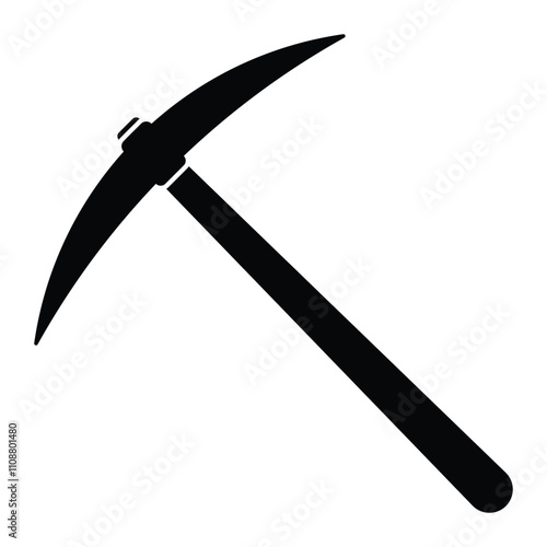 Pickaxe vector icon. Mining symbol. Construction and digging tool. Pick axe sign. Black silhouette isolated on white background.
