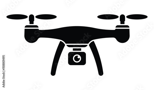 Drone with camera vector icon. Quadcopter symbol with visible propellers. Black silhouette isolated on white background.