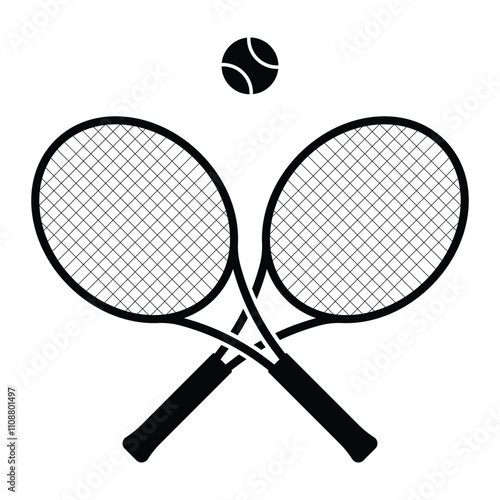 Crossed tennis rackets with ball vector icon. Symbol of racquet for court. Sport equipment for game, match, competition. Club of badminton. Black silhouette isolated on white background.