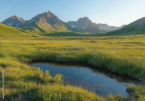 Serene Mountain Landscape with Lush Green Grass, Vibrant Wildflowers, and Tranquil Reflections in Crystal Clear Water Under Clear Blue Sky