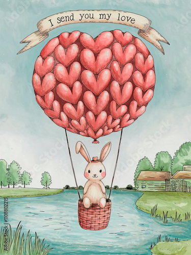 Watercolor illustration of a cute bunny on a balloon. Holiday card for Valentine's Day. Concept of a love valentine card