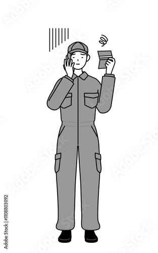 A mechanic woman in coveralls looking at her bankbook and feeling depressed.