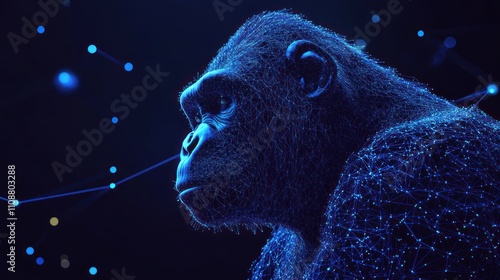 Digital gorilla profile, glowing lines, dark background. photo